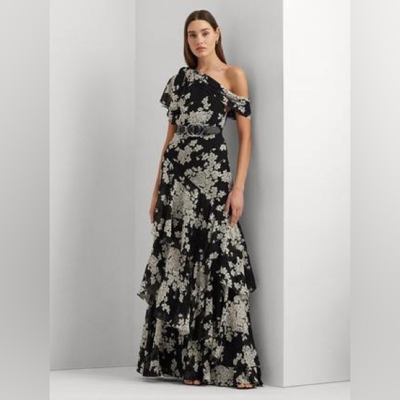 Black and White Floral Ruffled Off-the-Shoulder Maxi Dress - Picture 4 of 4